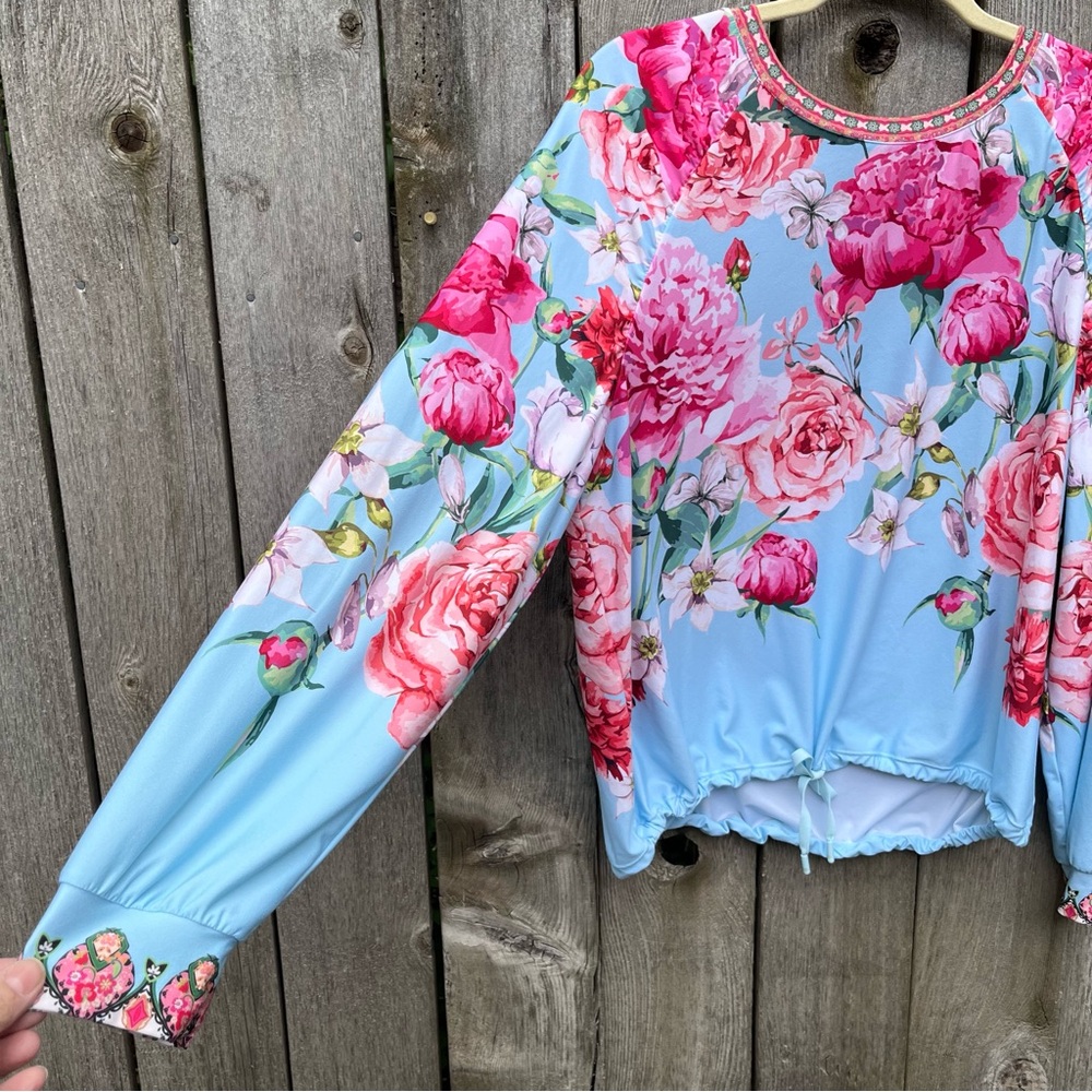 Johnny Was Light Blue Long Sleeve Top with Pink Floral Print - Picture 3 of 6